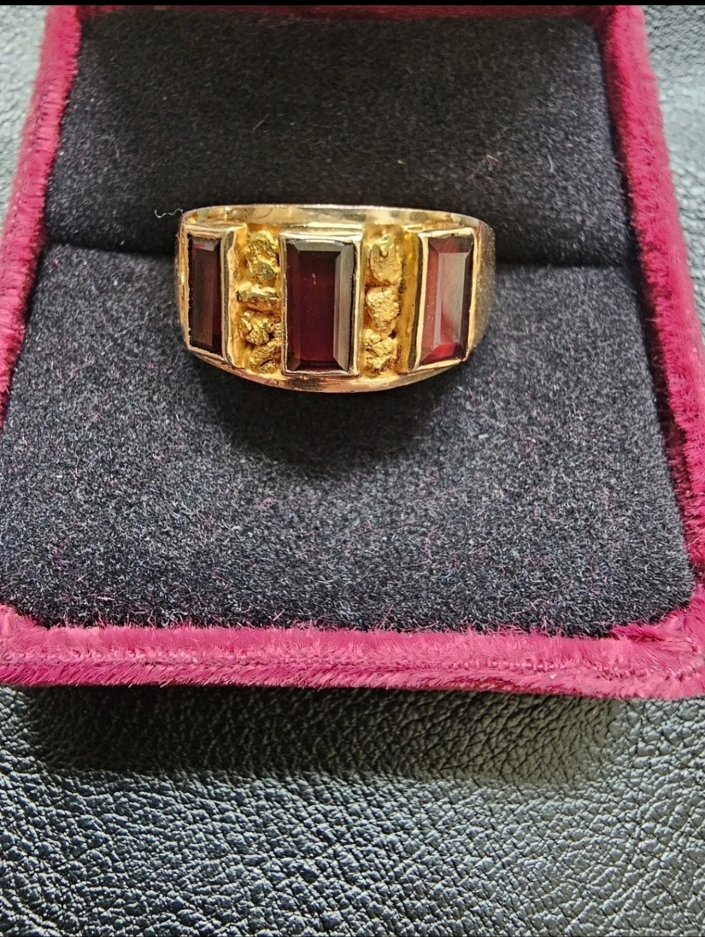 Men's Vintage 10k Gold Nugget Ring with Three Deep Red Rectangular Stones